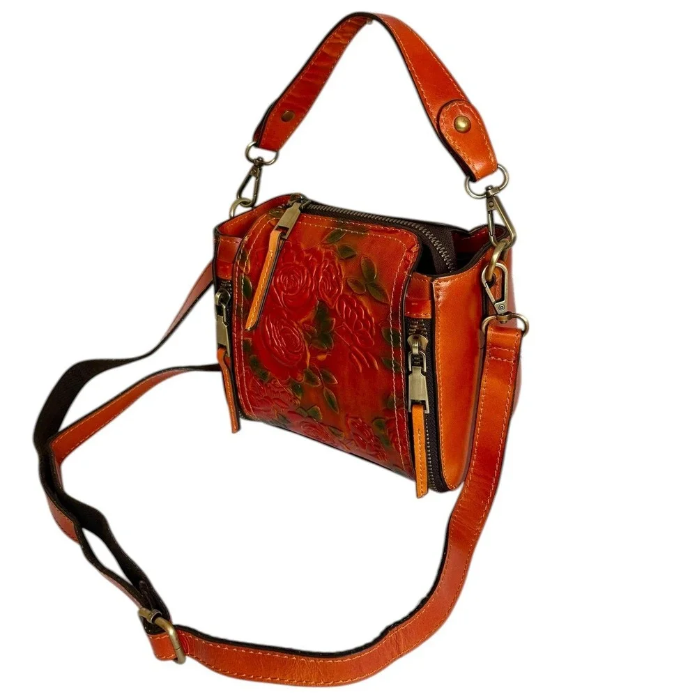 Vintage Style Orange Embossed‎ Floral Rose PU Leather Crossbody Handbag Purse